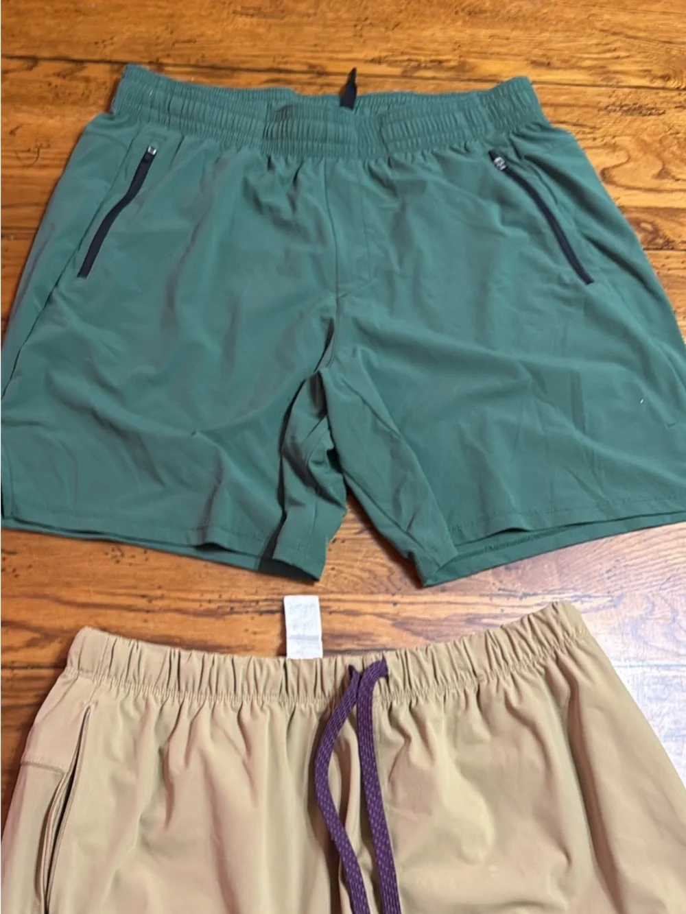 Fabletics Men's Teal and Tan Athletic Shorts with Purple Drawstring